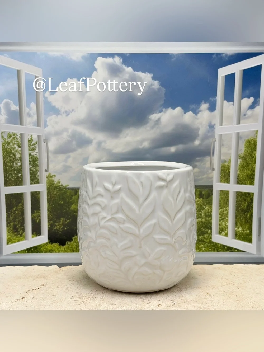 White Leaf Ceramic Planter with Drainage Hole, 5 Inch Textured Flower Pot